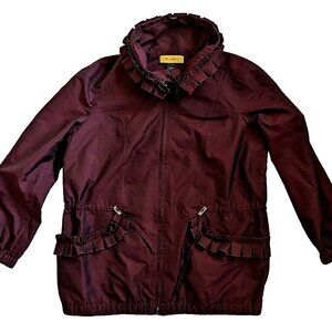 ST. JOHN Iridescent Burgundy Rain Coat Windbreaker Jacket Removable Ruffle Sz S